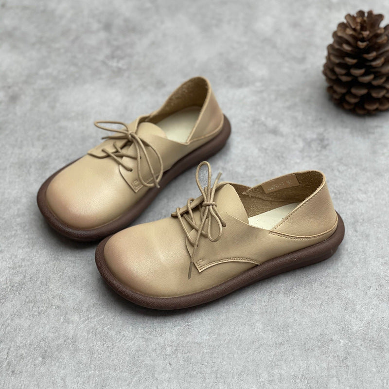 Authentic Leather British Style Retro Handmade Round Toe Lace-up Flat Shoes Shallow Mouth