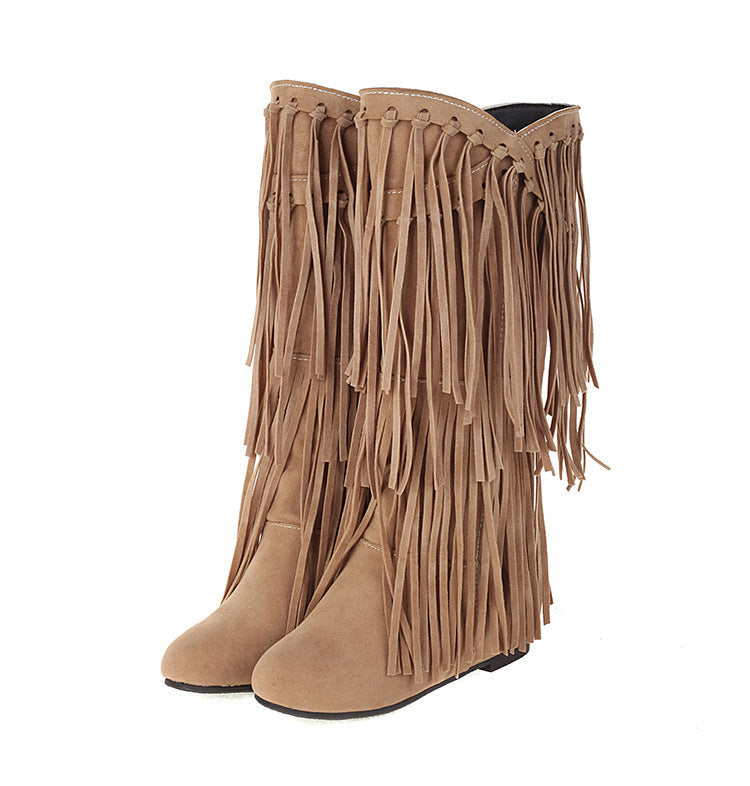 Autumn And Winter Tassel Round Toe Invisible Elevated Casual Women's High Leg Boot