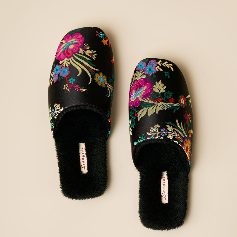 Autumn And Winter Women's Embroidered Satin Cotton Slippers Home