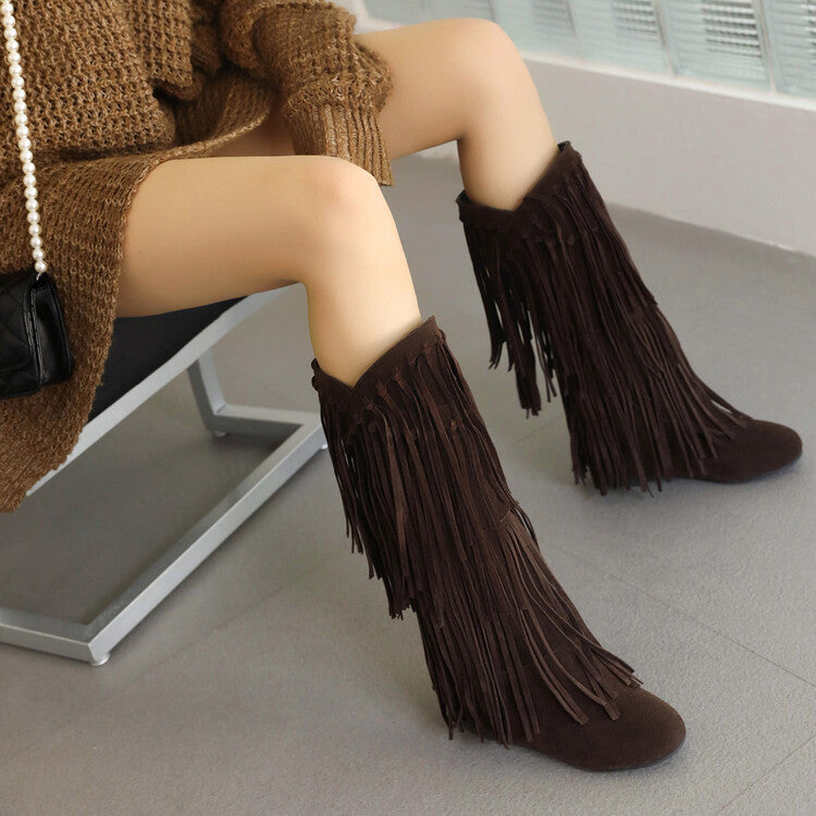 Autumn And Winter Tassel Round Toe Invisible Elevated Casual Women's High Leg Boot