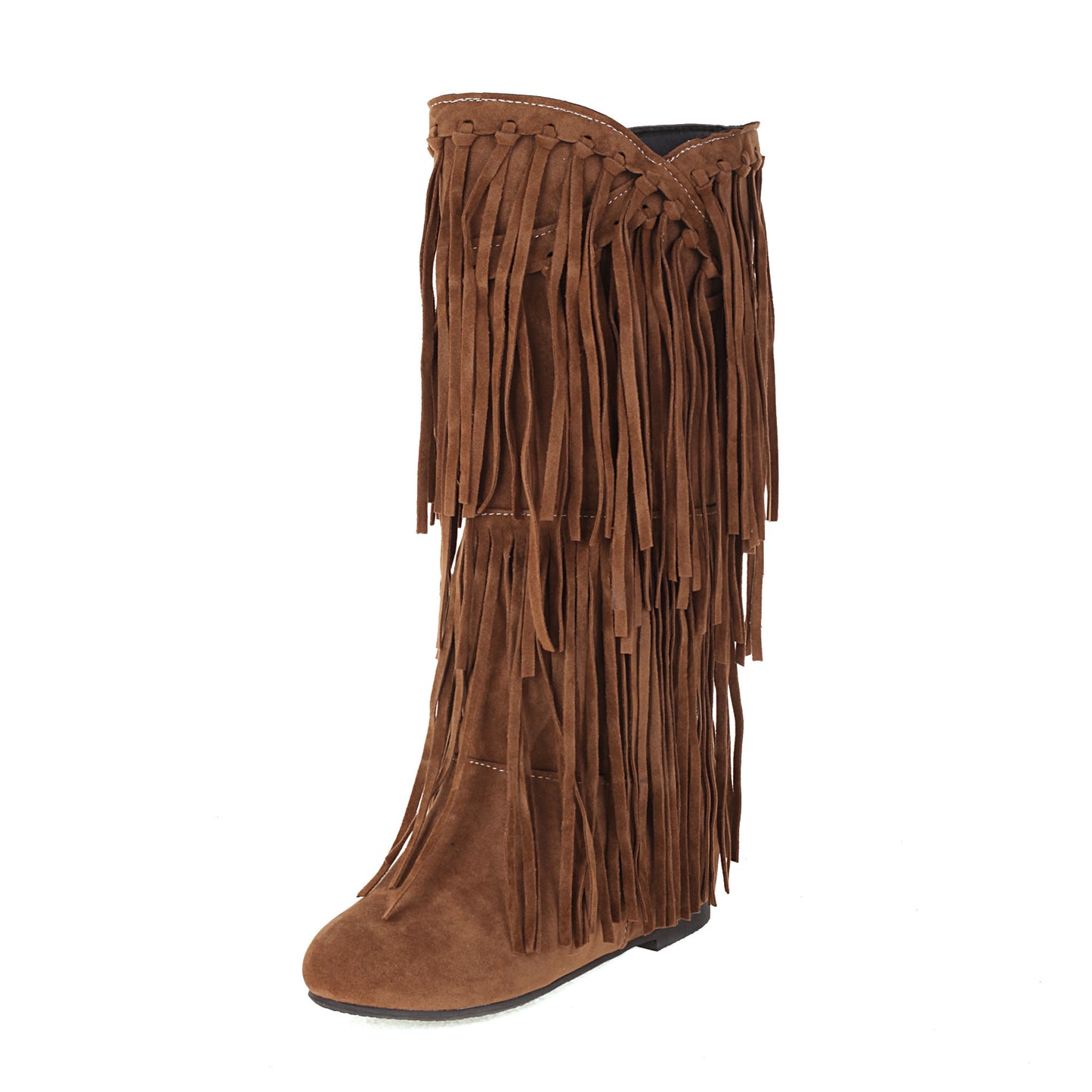 Autumn And Winter Tassel Round Toe Invisible Elevated Casual Women's High Leg Boot