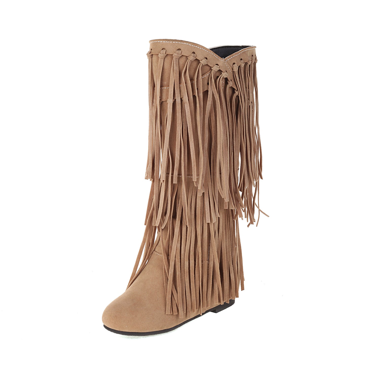 Autumn And Winter Tassel Round Toe Invisible Elevated Casual Women's High Leg Boot