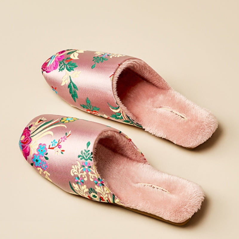 Autumn And Winter Women's Embroidered Satin Cotton Slippers Home