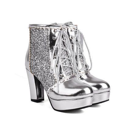 Autumn And Winter Thick Heel Lace-up Sequins Fashion Boots