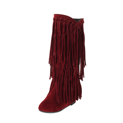 Autumn And Winter Tassel Round Toe Invisible Elevated Casual Women's High Leg Boot