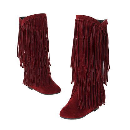 Autumn And Winter Tassel Round Toe Invisible Elevated Casual Women's High Leg Boot