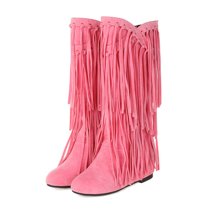 Autumn And Winter Tassel Round Toe Invisible Elevated Casual Women's High Leg Boot