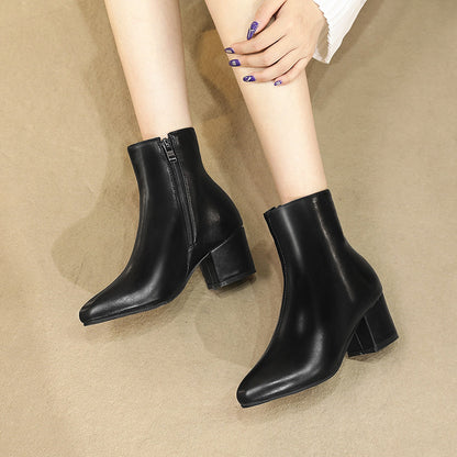 Autumn And Winter High Heel Chunky Heel Women's Leather Ankle Boots