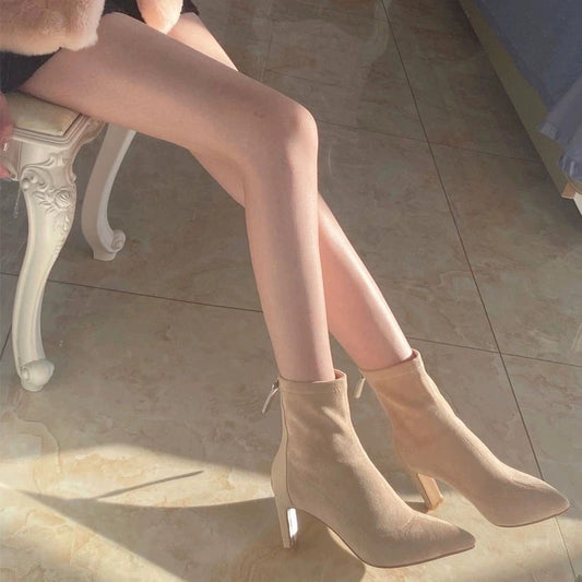 All-match Middle Tube Suede Pointed Ankle Boots Chunky Heel